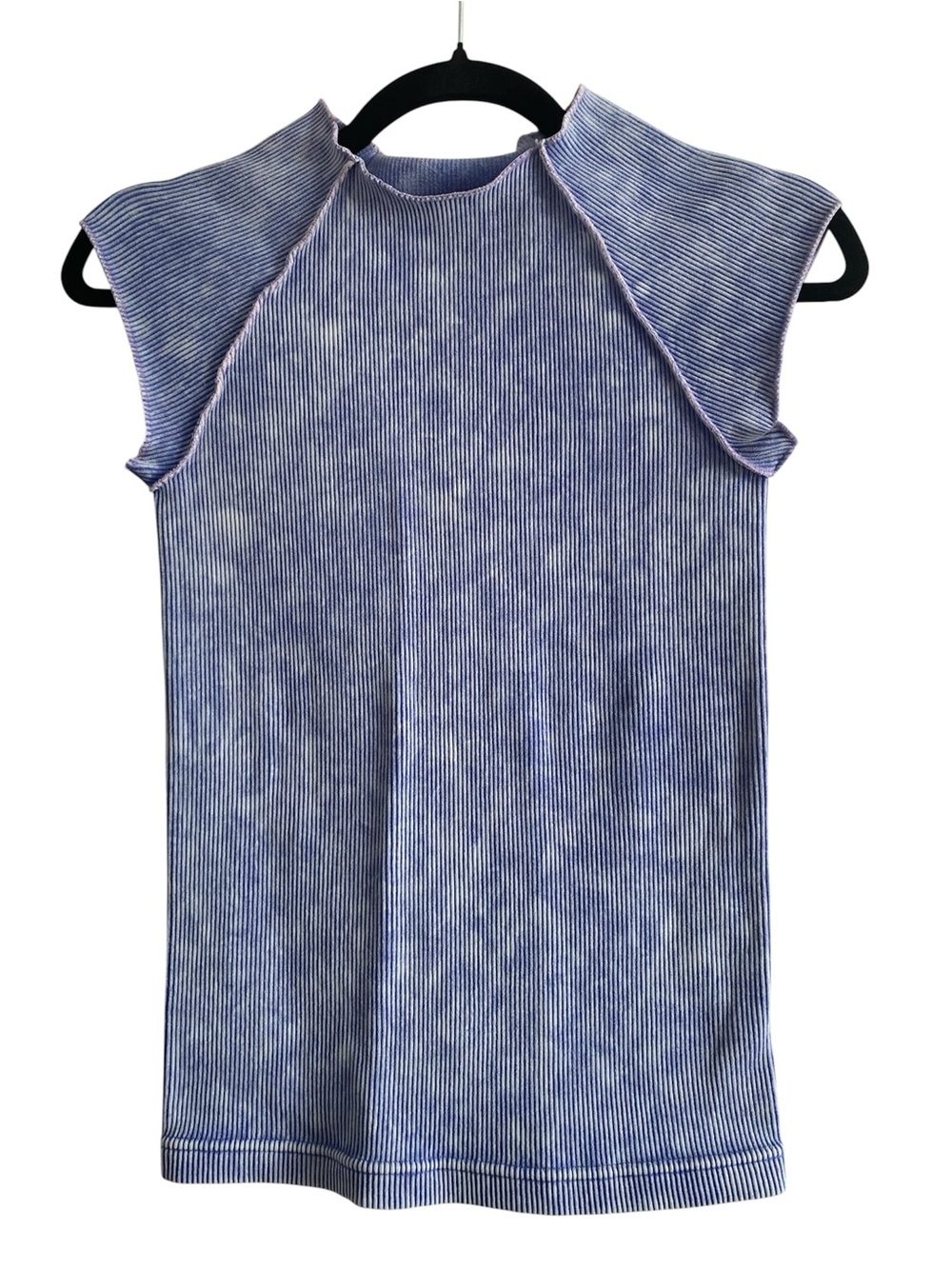 Zenana Blue Ribbed Cap Sleeve Top L/XL Stretch Fitted Tee